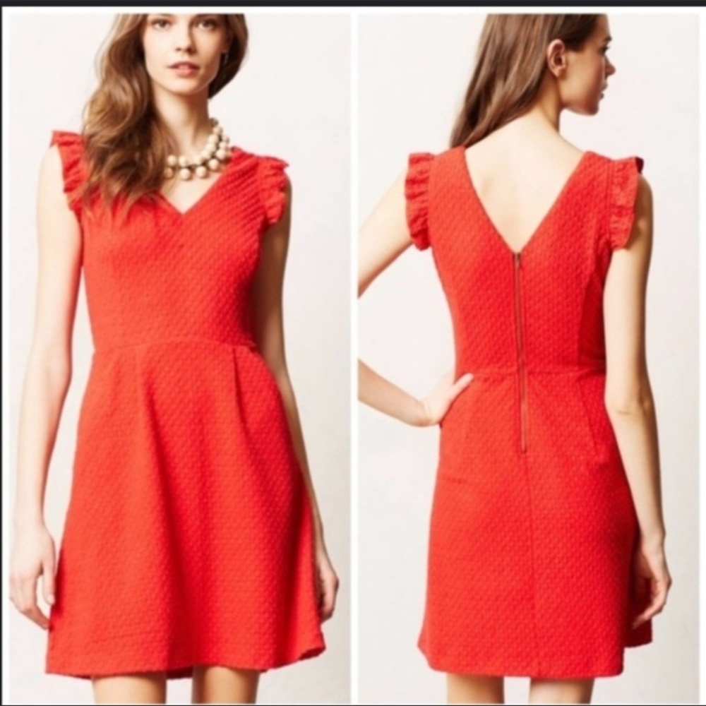 Tabitha Anthropologie Textured Red Ruffle Teahouse Christmas Holiday Dress - 10